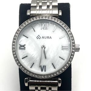 Aura Womens Silver Tone Watch with Mother-of-Pearl Dial and Crystal Bezel